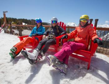 Women sitting outside in their ski gear
