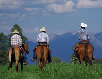 A group of people on a guided horseback tour