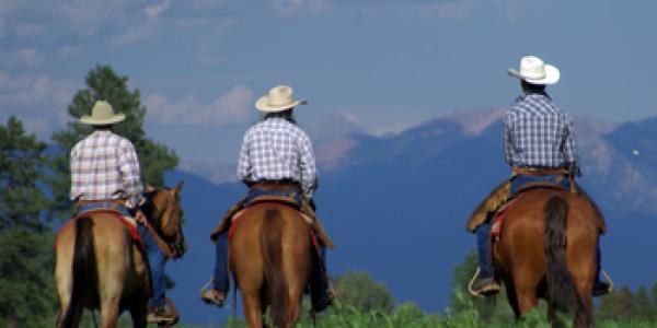 A group of people on a guided horseback tour